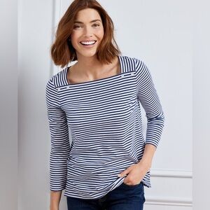 Talbots button shoulder square neck, top white and navy striped XS
